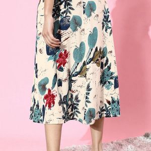 Off White Floral Print A Line Skirt