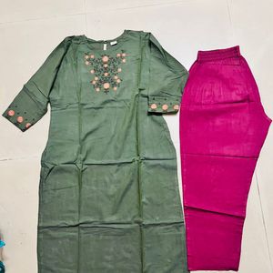 Light Green Kurta With Mauve Ankle Pant Set