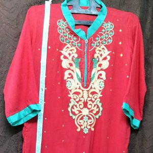 Embroidery Cotton Red kurti designer Rhinestone