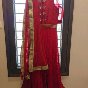 Maroon Partywear Gown With Golden Border Dupatta