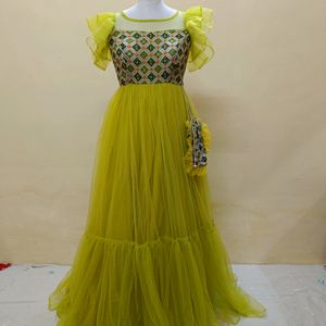 Shades Of Green Color Frill Gown With Pures