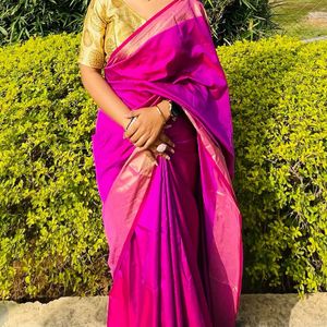 Pink Saree With Golden Blouse Combo