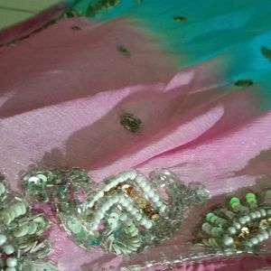 Rich Maggam Stone Work Chunni In Pink & Sky Blue