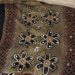 Sequence Work Brown And Black Embroidery Saree