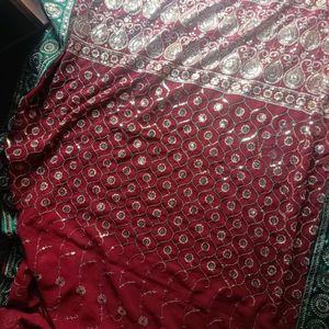 Red Saree With Green Lace