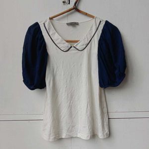 Stretchable Comfort Top With Blue Puffed Sleeves