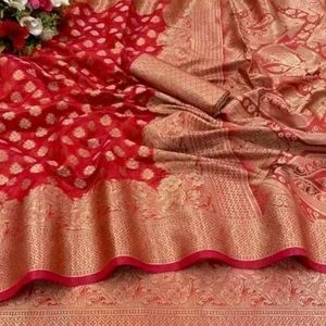 Red Organza Silk Saree With Blouse Piece