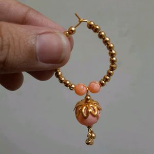 Designer Golden And Coral Beaded Earrings