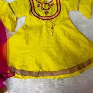 BabyOye Yellow&pink Anarkali Suit Set