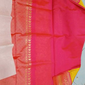 Yellow  And Pink Festive Saree With Blouse Piece