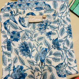 Utsa White Blue Flower Printed Full Sleeves