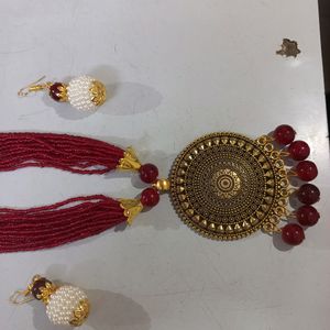 Red And White Beads Set With Earrings