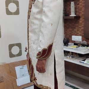 Men Sherwani Dhoti Stitched Set -Offwhite & Maroon