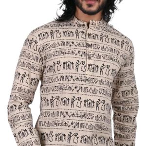 Men Printed Pure Cotton Straight Kurta (Beige)