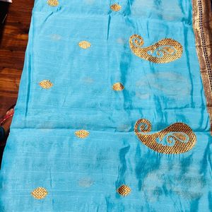 Golden Thread work Turquoise blue color saree