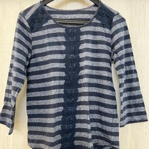 Blue Striped Top With Lace