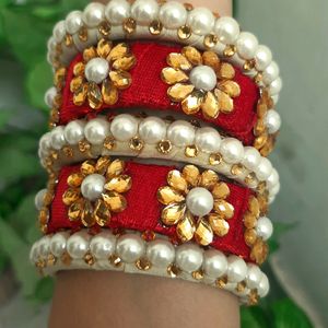 Red Velvet White Pearl Royal Bridal Bangles Set