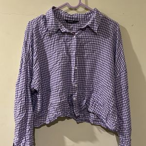 A Lavendar Nd White Checkered Cropped Shirt