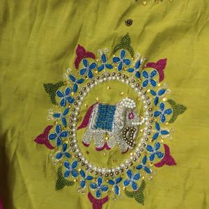 Vibrant Yellow and Pink Embroidered Elephant Dress