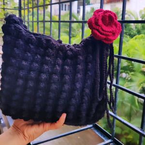 Crochet Black Popcorn With Rose Bag