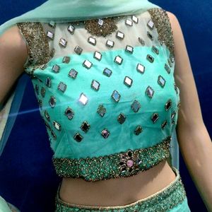 Cyan Green Lehenga With Earring Combo