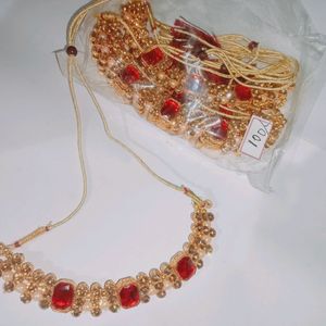 Red And Golden Studded Jewelery Necklace For Women