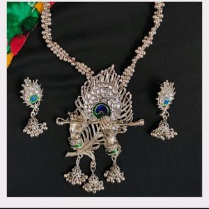 Silver Oxidized Krishna Long Necklace