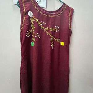 Maroon Embroidered Sleeveless Straight Summer Wear