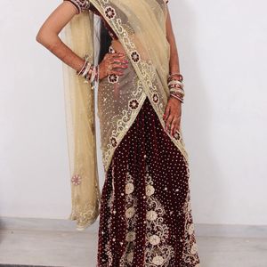 Lehenga Choli Dupatta Set - Maroon Velvet