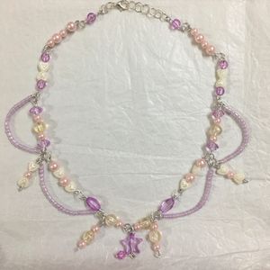 Fairy Purple crystal&Pink Bead Loop Necklace