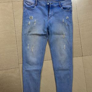 Distress Denim Mid Waist Jeans