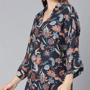 Navy Blue Floral Short Kurta