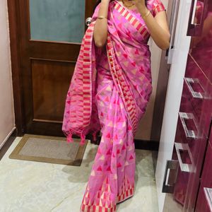 Pink Cotton Saree With Stiched Blouse