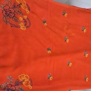 Orange Georgette Saree With Beeds Znd Thre