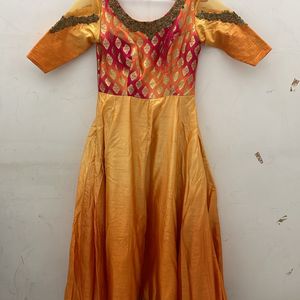 Ethnic Gown With Dupatta Orange Yellow Colour