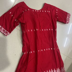 Red V Neck Straight Kurta