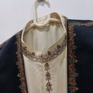 Jacket Kurta Chudidar Set (Cream/Black)