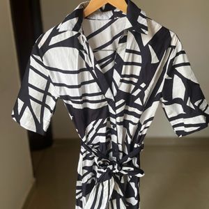 Printed Poplin Midi Shirt Dress Wit Tie Belt