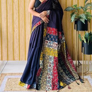 Pure Cotton With Ajrakh Hand Block printed Saree