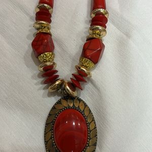 Red Boho Beaded Necklace