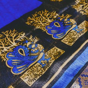 New Beutiful Blue Saree With Golden Lace And Work