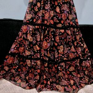 Quality Black&Rust Orange Floral Print Tiered Midi