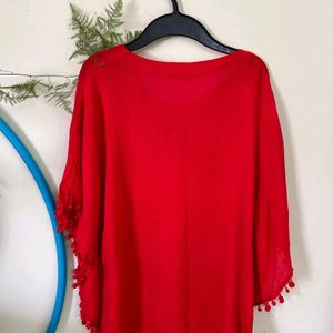 Red Cape With Pompom Tassels