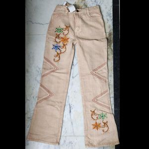 Beige Colur Embroidery Wide Leg Jeans