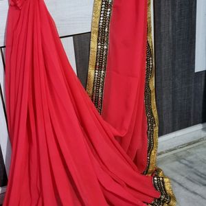 Red And Gold Toned Sequence Embroidered Saree