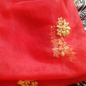 New Red Duppata With Gold Embroidery And Cut Work