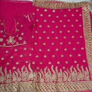 Rani Pink Saree Golden Border Stitched Blouse Part