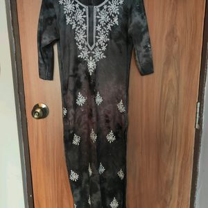 Charcoal Grey Tie-Dye Chikankari Kurta(Women)