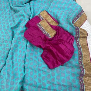 ESBeautiful Blue Combination Saree Witn Stitched B