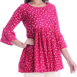 Casual Bell Sleeves Printed Women Pink Top